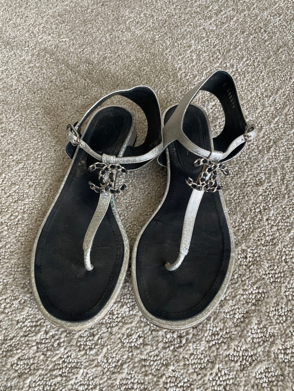 Chanel Silver Glitter T-Strap Sandals with Chain Accent